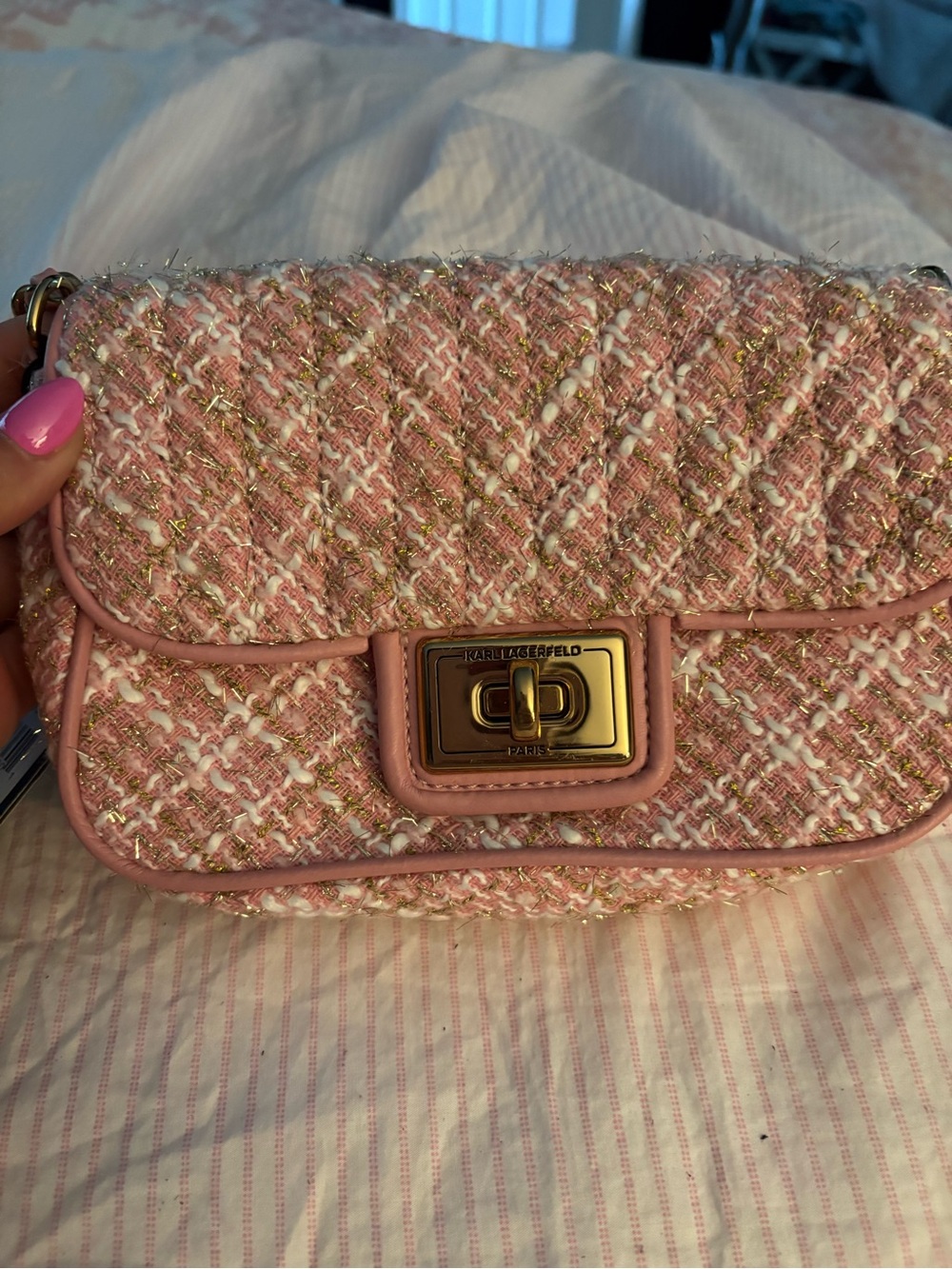Karl Lagerfeld Pink Tweed Crossbody Bag with Gold Hardware